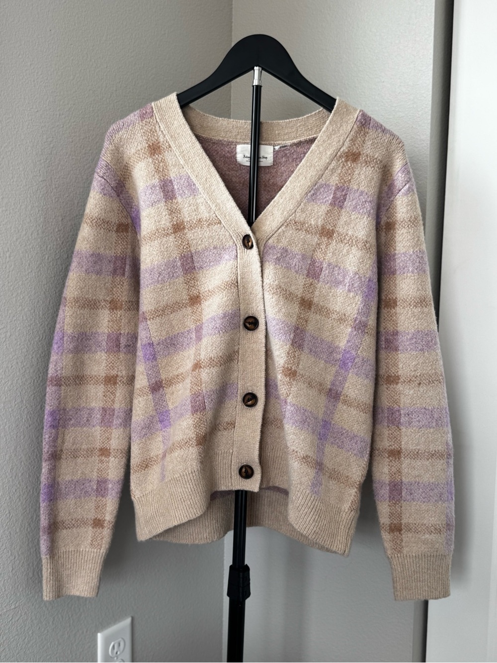 Plaid V-Neck Button Front Women's Cardigan Sweater - Cream & Lavender